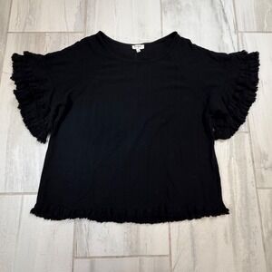 Umgee USA‎ Black Linen Blend Fringed Ruffle Sleeve Boho Top C1955 Large